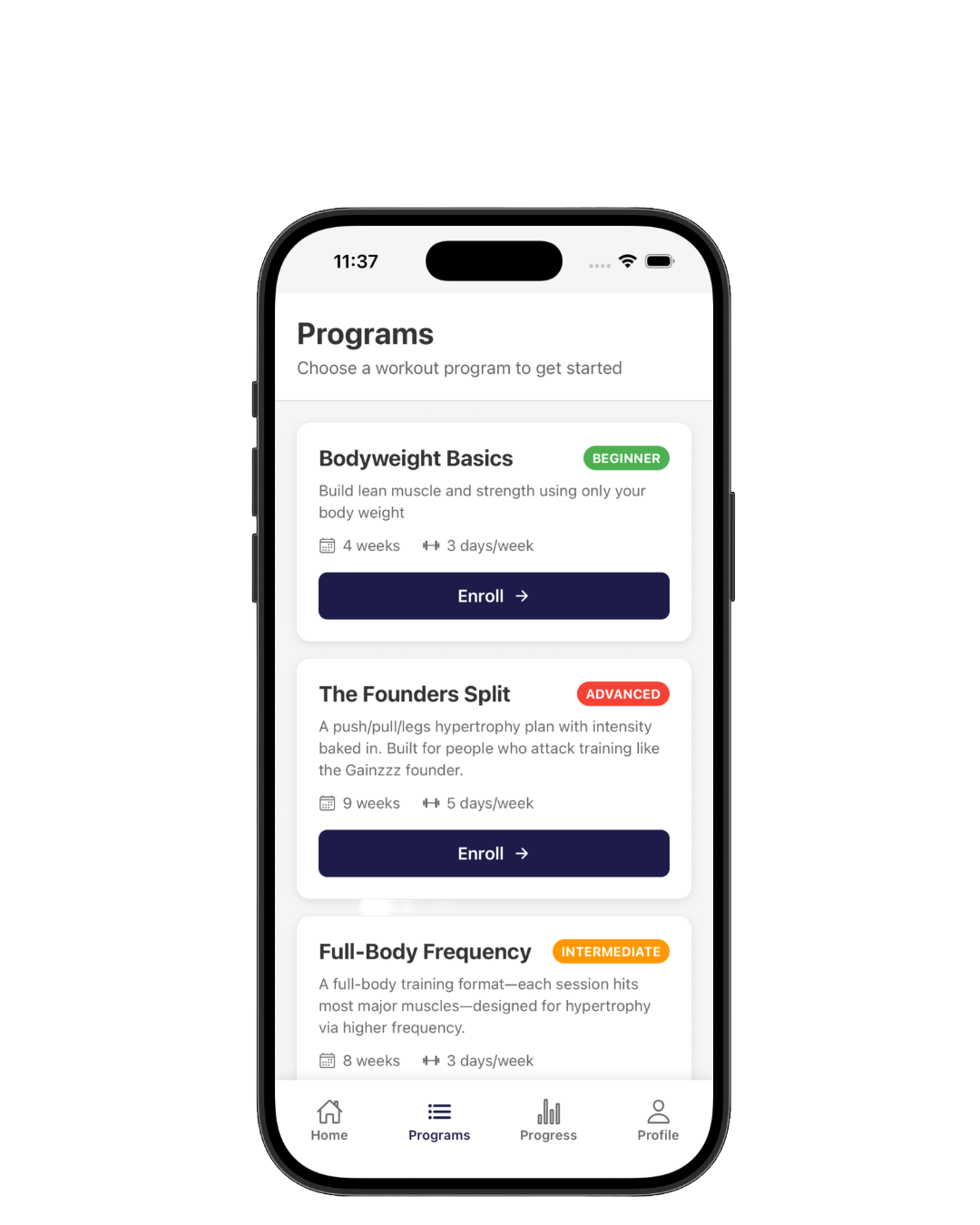 Gainzzz app programs screen showing workout program selection