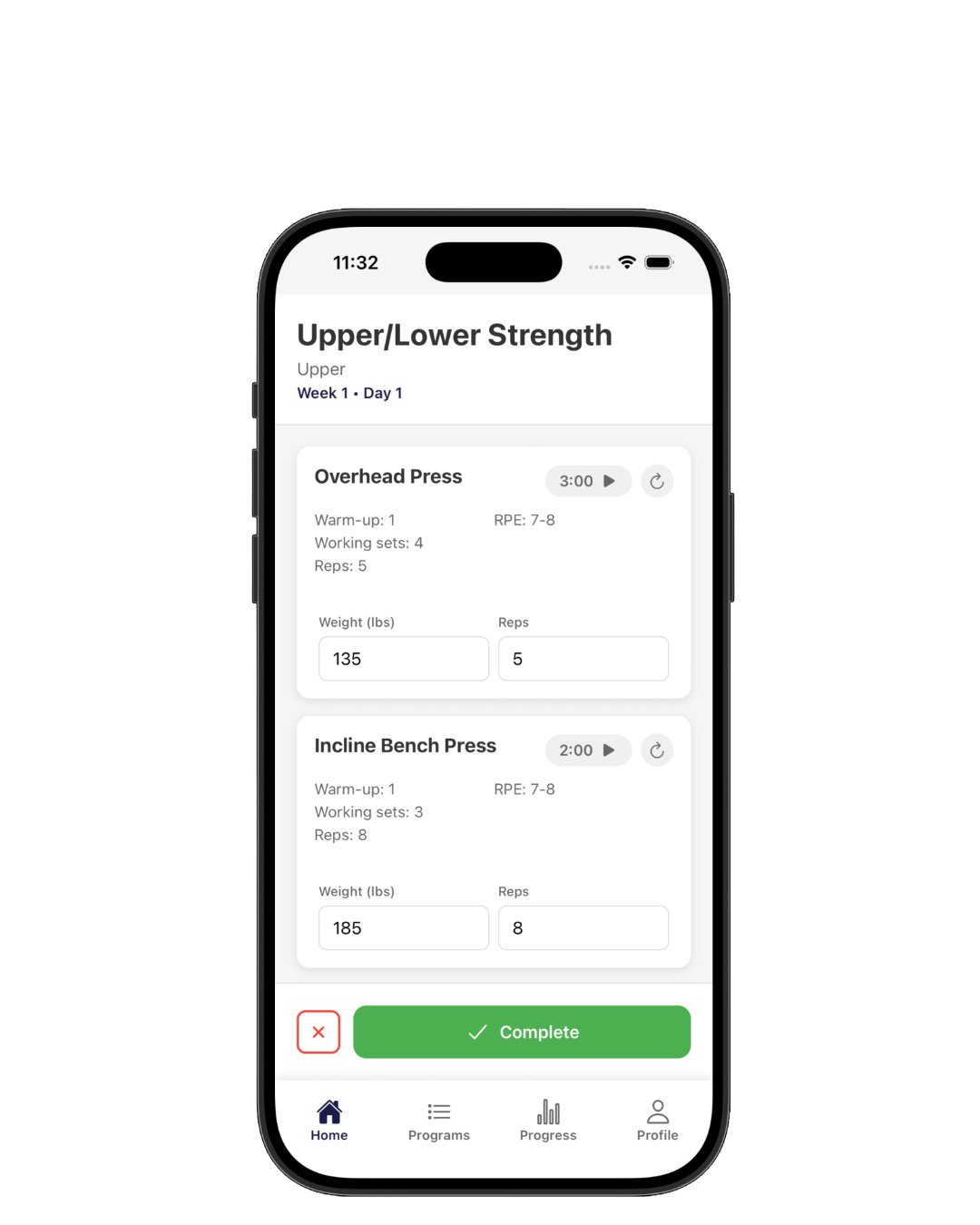 Gainzzz workout screen on mobile